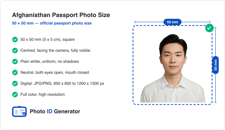 Afghanisthan passport photo dimensions diagram — 50 x 50 mm (5 x 5 cm), plain white background