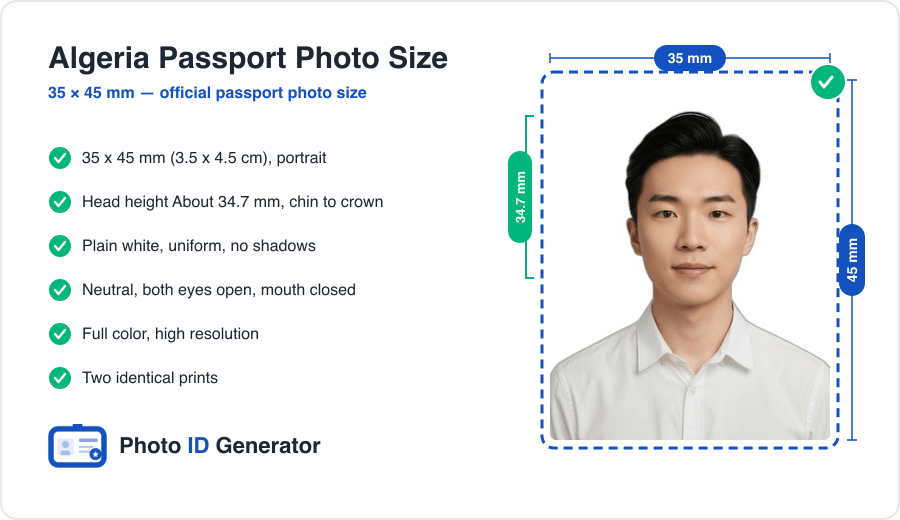Algeria passport photo dimensions diagram — 35 x 45 mm (3.5 x 4.5 cm), head height 34.7 mm, plain white background