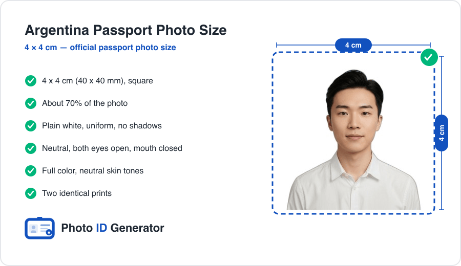 Argentina passport photo dimensions diagram — 4 x 4 cm (40 x 40 mm), plain white background