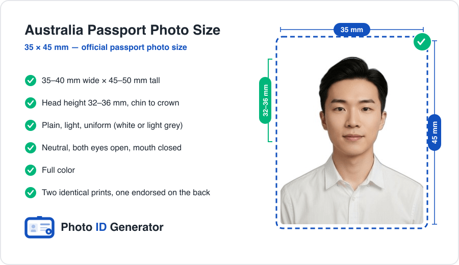 Australia passport photo dimensions diagram — 35–40 mm wide × 45–50 mm tall, head height 32–36 mm, plain white background
