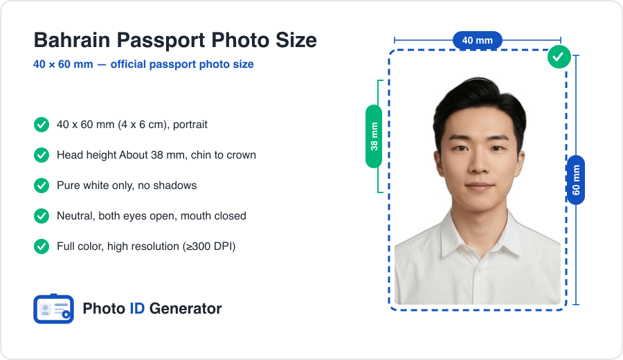 Bahrain passport photo dimensions diagram — 40 x 60 mm (4 x 6 cm), head height 38 mm, plain white background