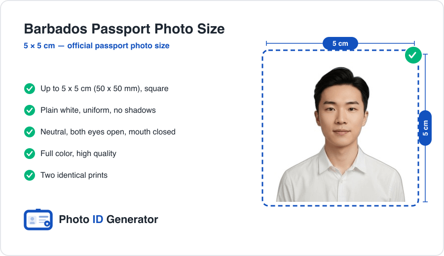 Barbados passport photo dimensions diagram — Up to 5 x 5 cm (50 x 50 mm), plain white background