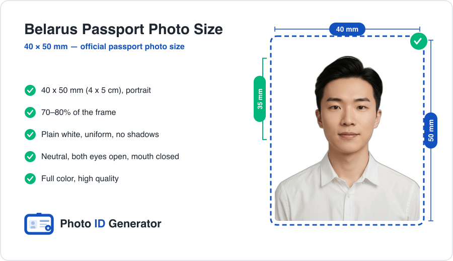 Belarus passport photo dimensions diagram — 40 x 50 mm (4 x 5 cm), head height 35 mm, plain white background