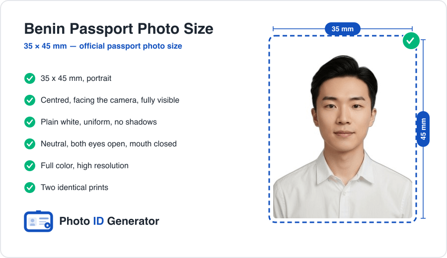 Benin passport photo dimensions diagram — 35 x 45 mm, plain white background