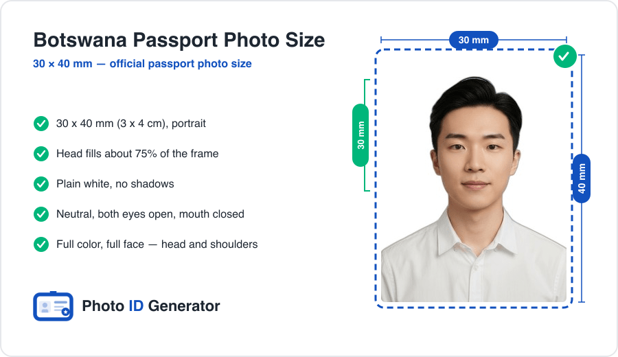 Botswana passport photo dimensions diagram — 30 x 40 mm (3 x 4 cm), head height 30 mm, plain white background