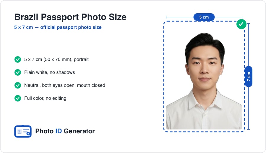 Brazil passport photo dimensions diagram — 5 x 7 cm (50 x 70 mm), plain white background