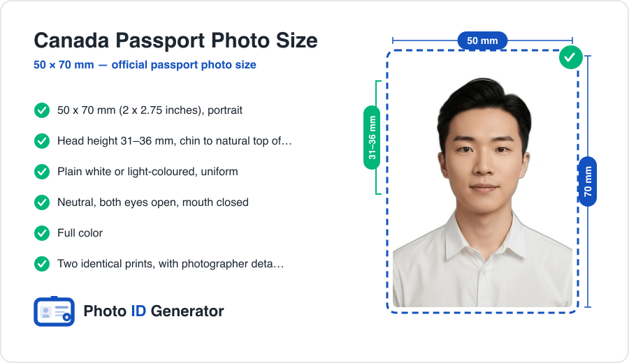 Canada passport photo dimensions diagram — 50 x 70 mm (2 x 2.75 inches), head height 31–36 mm, plain white background