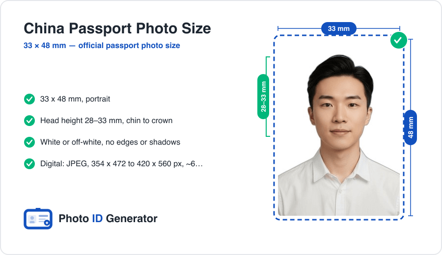 China passport photo dimensions diagram — 33 x 48 mm, head height 28–33 mm, plain white background