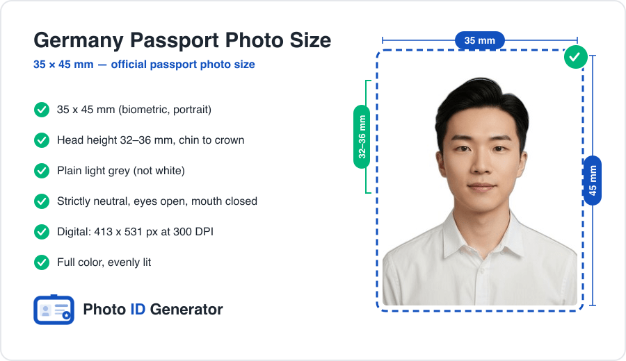 Germany passport photo dimensions diagram — 35 x 45 mm (biometric, head height 32–36 mm, plain white background