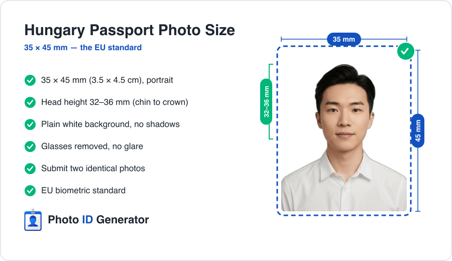 Hungary passport photo dimensions diagram — 35 x 45 mm, head height 32-36 mm, plain white background
