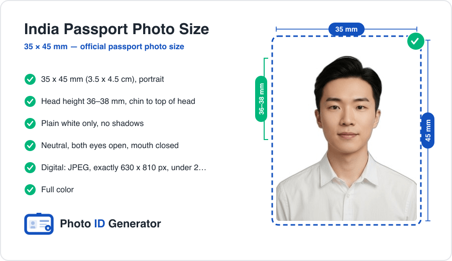 India passport photo dimensions diagram — 35 x 45 mm size, 36-38 mm head height, plain white background, and 630 x 810 px digital spec