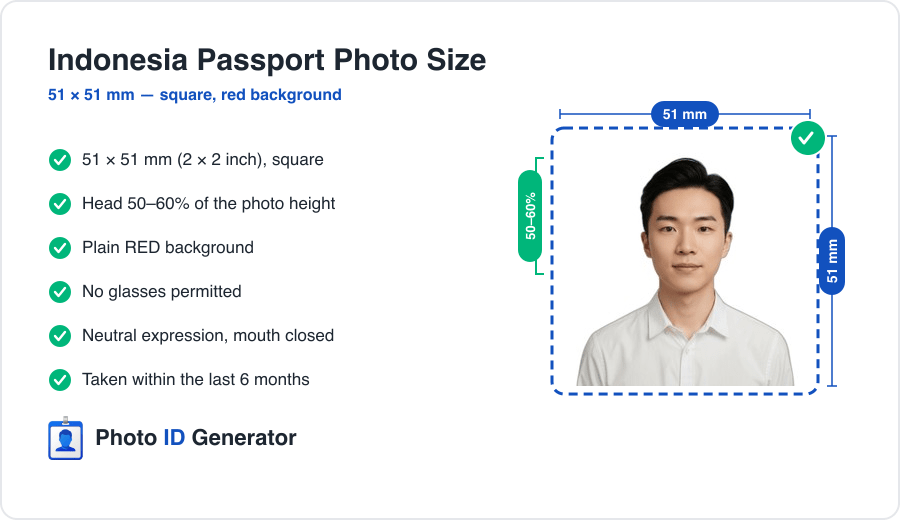 Indonesia passport photo dimensions diagram — square 51 x 51 mm, head 50-60% of the frame, plain red background