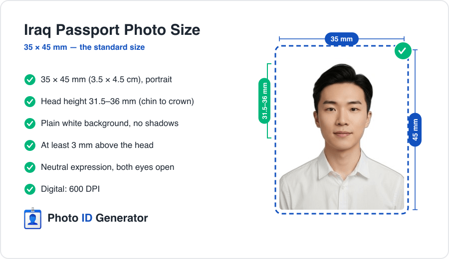 Iraq passport photo dimensions diagram — 35 x 45 mm, head height 31.5-36 mm, plain white background