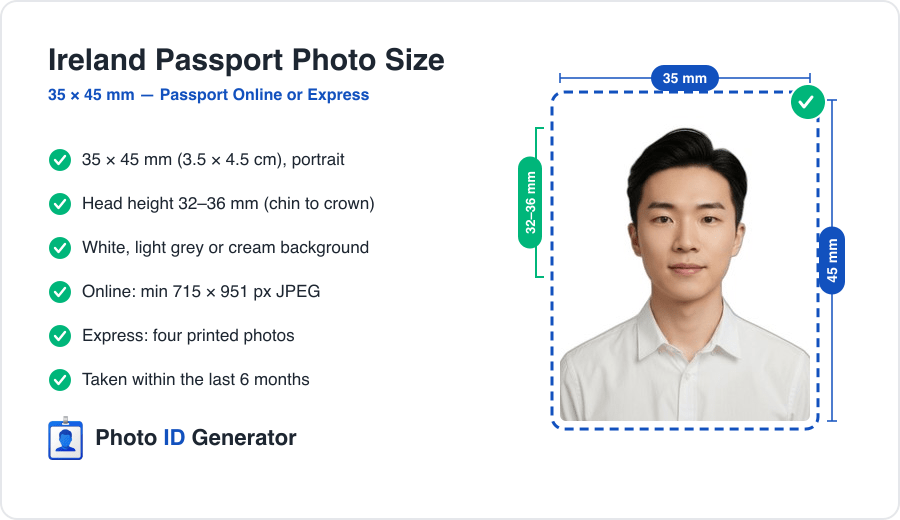 Ireland passport photo dimensions diagram — 35 x 45 mm, head height 32-36 mm, light background