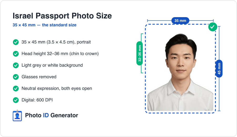 Israel passport photo dimensions diagram — 35 x 45 mm, head height 32-36 mm, plain light background