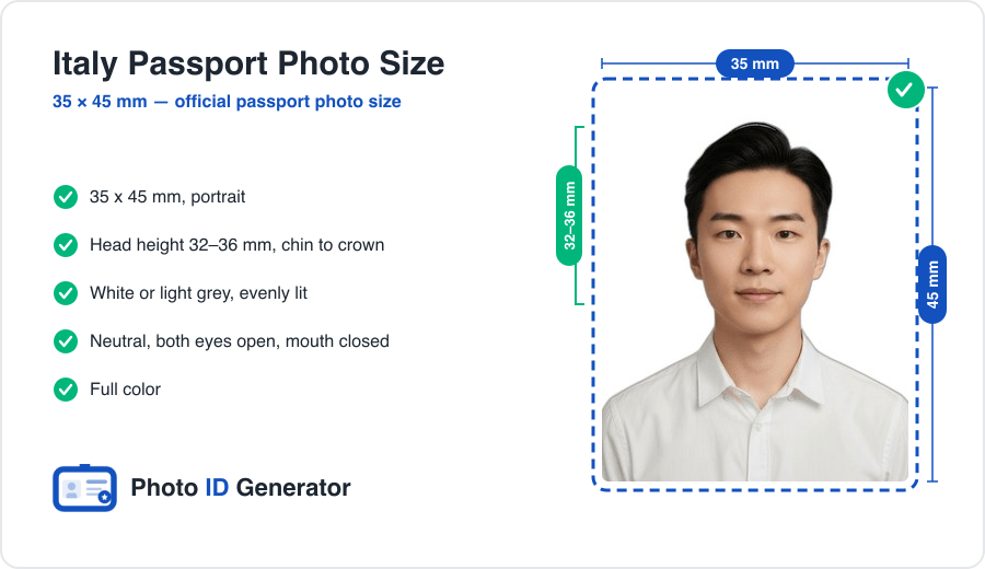 Italy passport photo dimensions diagram — 35 x 45 mm, head height 32–36 mm, plain white background