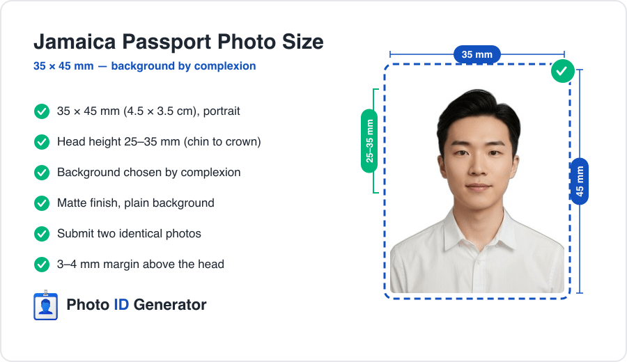 Jamaica passport photo dimensions diagram — 35 x 45 mm, head height 25-35 mm, background chosen by complexion