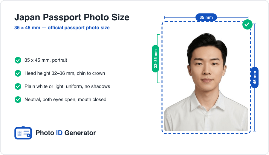 Japan passport photo dimensions diagram — 35 x 45 mm, head height 32–36 mm, plain white background