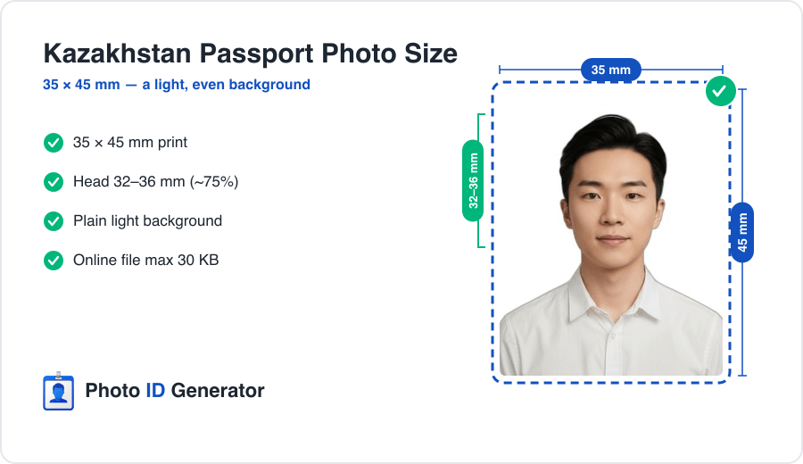 Kazakhstan passport photo dimensions diagram — 35 x 45 mm, light background, head 32 to 36 mm