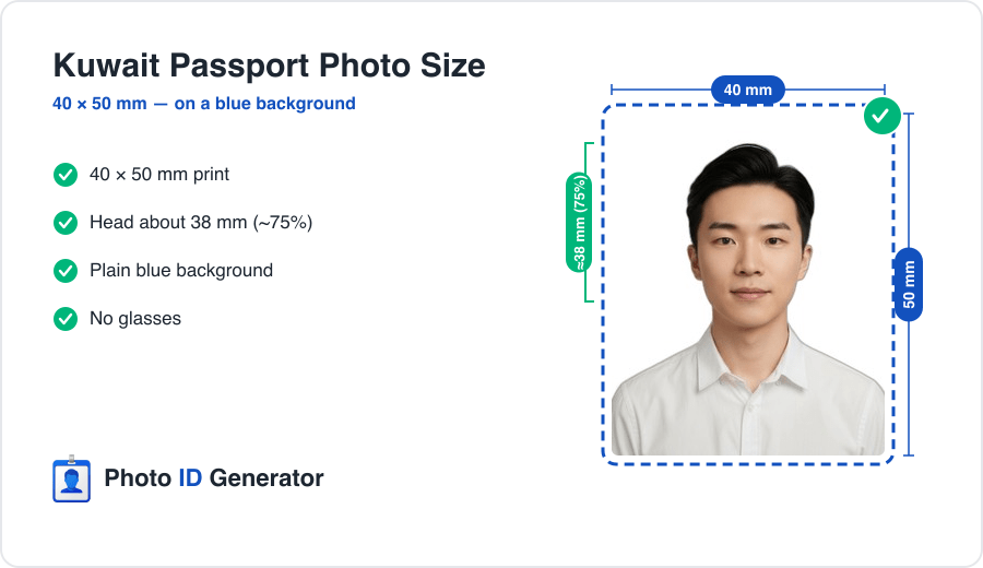 Kuwait passport photo dimensions diagram — 40 x 50 mm, blue background, head about 38 mm