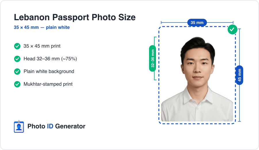 Lebanon passport photo dimensions diagram — 35 x 45 mm, white background, head 32 to 36 mm