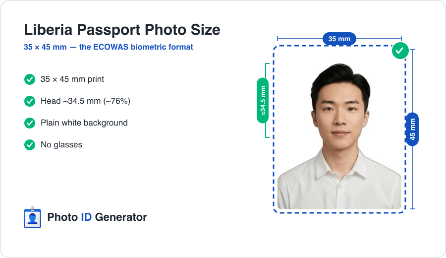 Liberia passport photo dimensions diagram — 35 x 45 mm, white background, ECOWAS biometric format