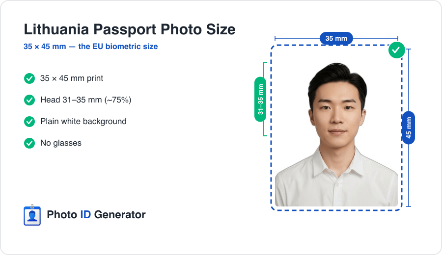 Lithuania passport photo dimensions diagram — 35 x 45 mm, white background, EU biometric format