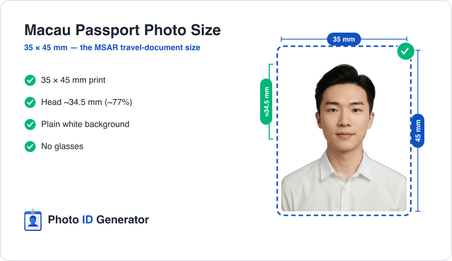 Macau passport photo dimensions diagram — 35 x 45 mm, white background, MSAR travel document format