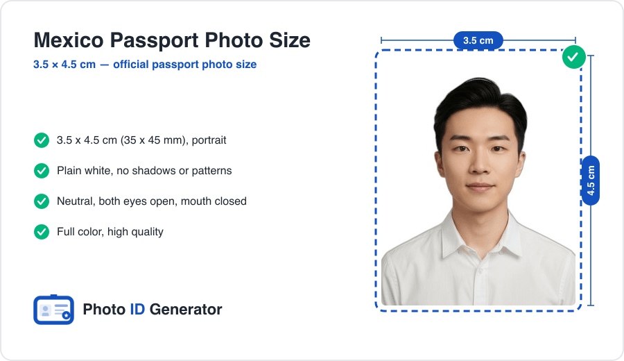 Mexico passport photo dimensions diagram — 3.5 x 4.5 cm (35 x 45 mm), plain white background