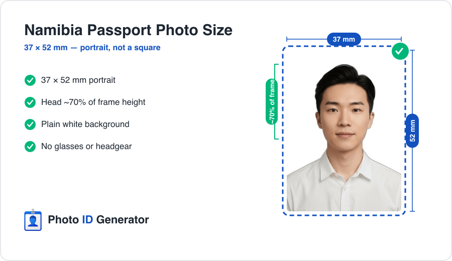 Namibia passport photo dimensions diagram — 37 x 52 mm portrait, plain white background