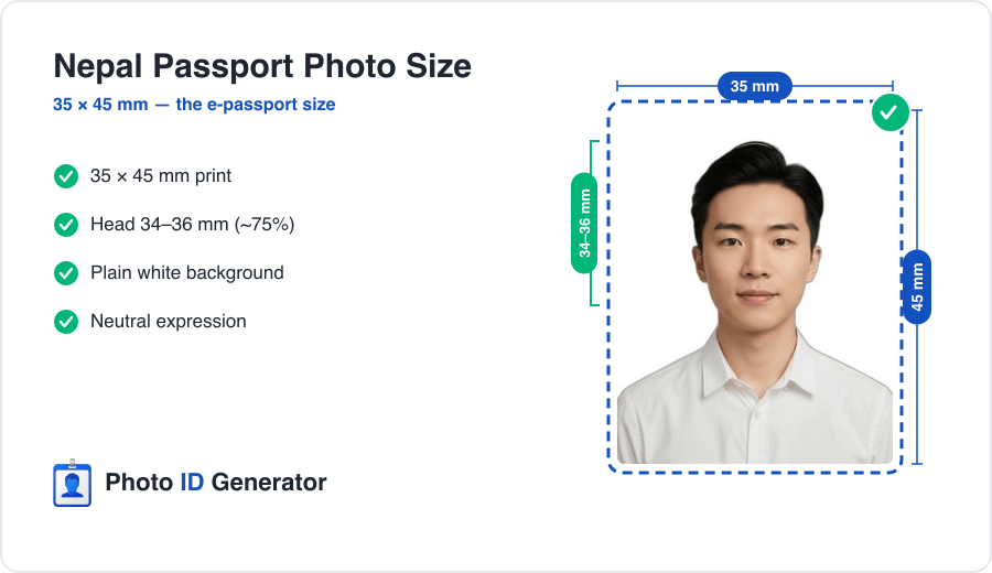 Nepal passport photo dimensions diagram — 35 x 45 mm, plain white background, head 34–36 mm