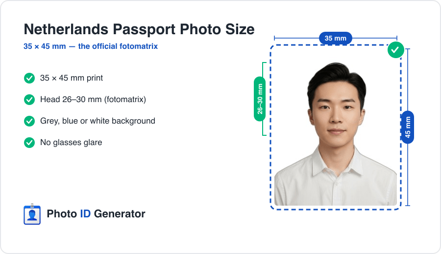 Netherlands passport photo dimensions diagram — 35 x 45 mm, 26–30 mm head, grey/blue/white background