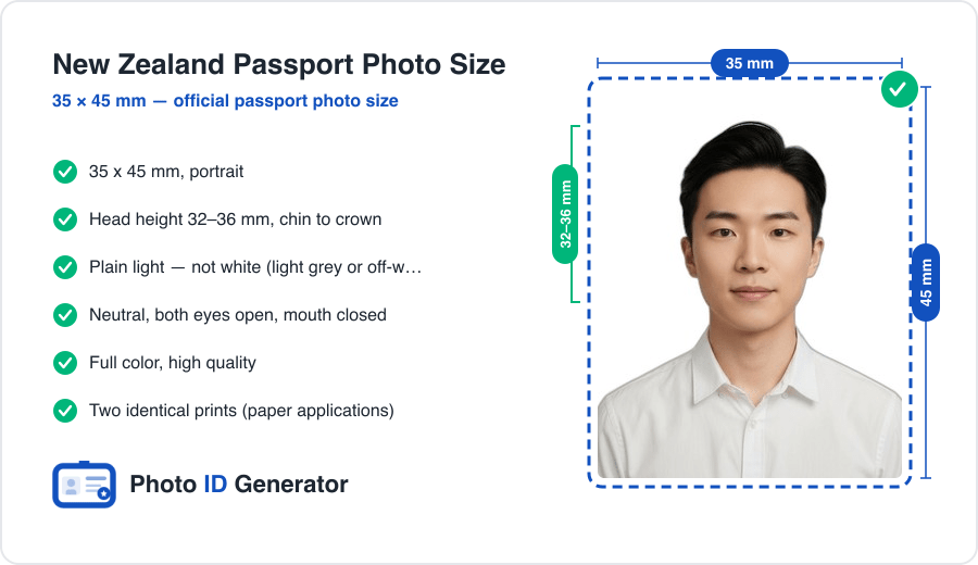 New Zealand passport photo dimensions diagram — 35 x 45 mm, head height 32–36 mm, plain white background