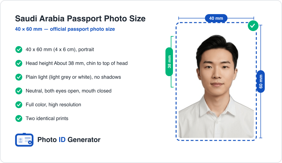 Saudi Arabia passport photo dimensions diagram — 40 x 60 mm (4 x 6 cm), head height 38 mm, plain white background