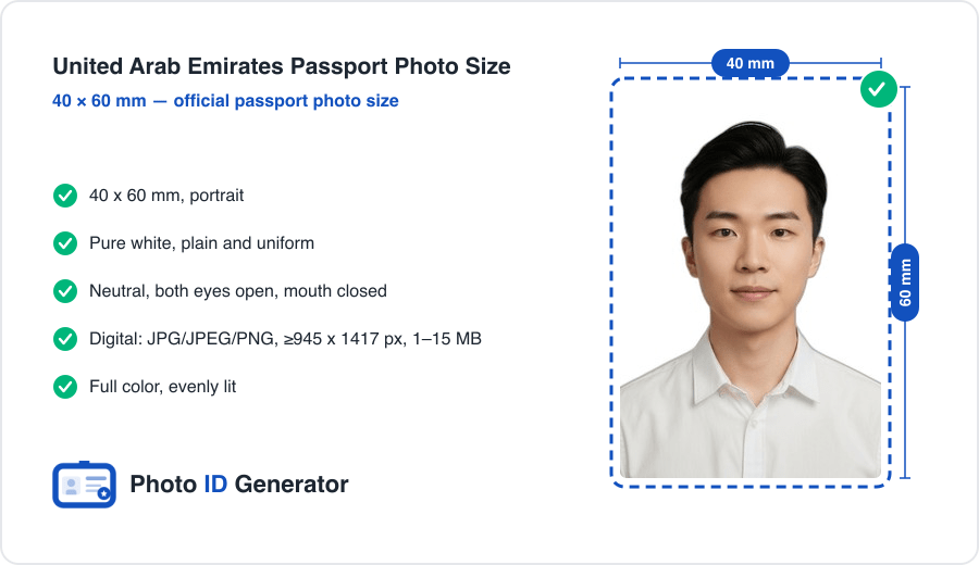 United Arab Emirates passport photo dimensions diagram — 40 x 60 mm, plain white background