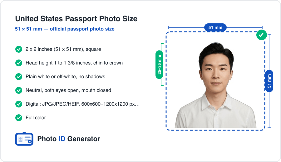 United States passport photo dimensions diagram — 2 x 2 inches (51 x 51 mm), head height 25–35 mm, plain white background