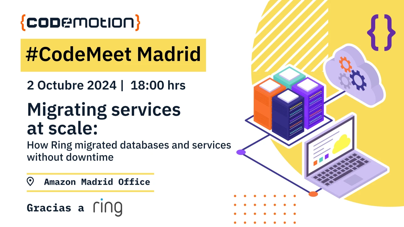 Foto de portada del evento #CodeMeet: Migrating services at scale: How Ring migrated databases and services without downtime