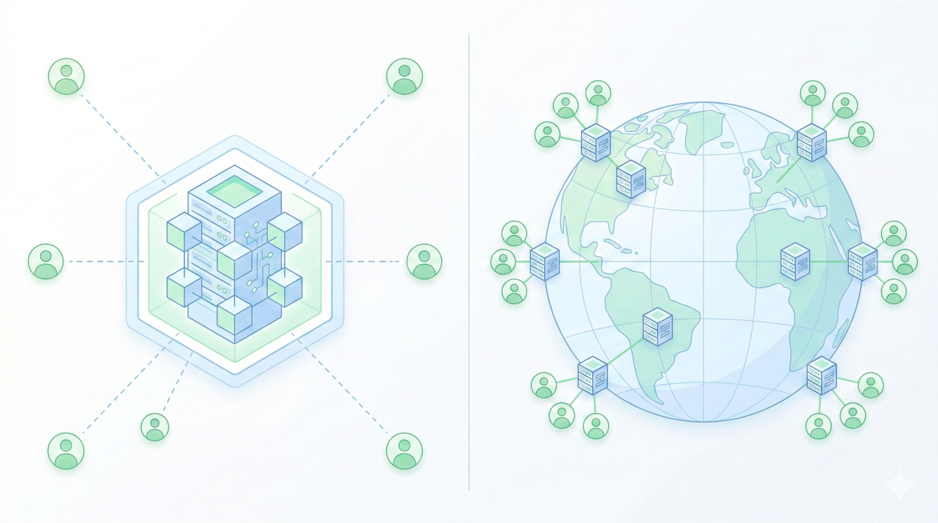 PROMPT: A clean, minimal infographic-style illustration on a white background showing a central server icon on the left connected to distant user icons with long dashed lines, versus multiple small server nodes distributed around a globe on the right with short lines to nearby users. Soft pastel blue and green colors, geometric shapes, modern editorial style. No text. 16:9 aspect ratio.