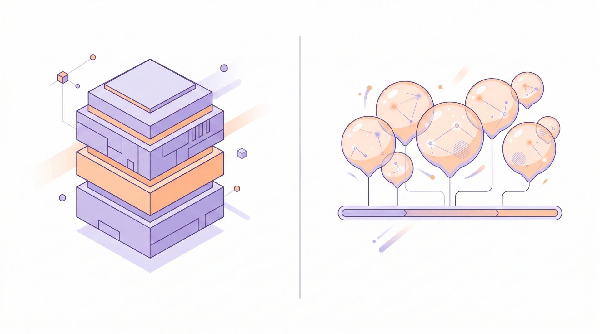 PROMPT: A clean, minimal infographic-style illustration on a white background comparing two architectures side by side. On the left, a heavy container icon with multiple layers representing traditional serverless. On the right, multiple lightweight bubble-like V8 isolates sharing a single process bar. Soft pastel purple and orange colors, geometric shapes, modern editorial style. No text. 16:9 aspect ratio.