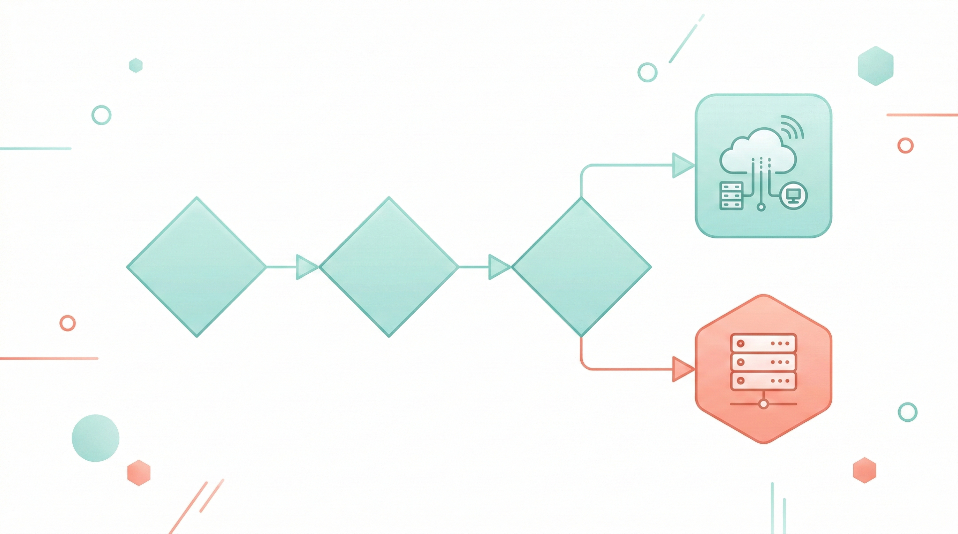 PROMPT: A clean, minimal infographic-style illustration on a white background showing a decision flowchart with three diamond-shaped decision nodes connected by arrows, leading to two outcomes: an edge function icon and a traditional server icon. Soft pastel colors in teal and coral, geometric shapes, modern editorial style. No text. 16:9 aspect ratio.