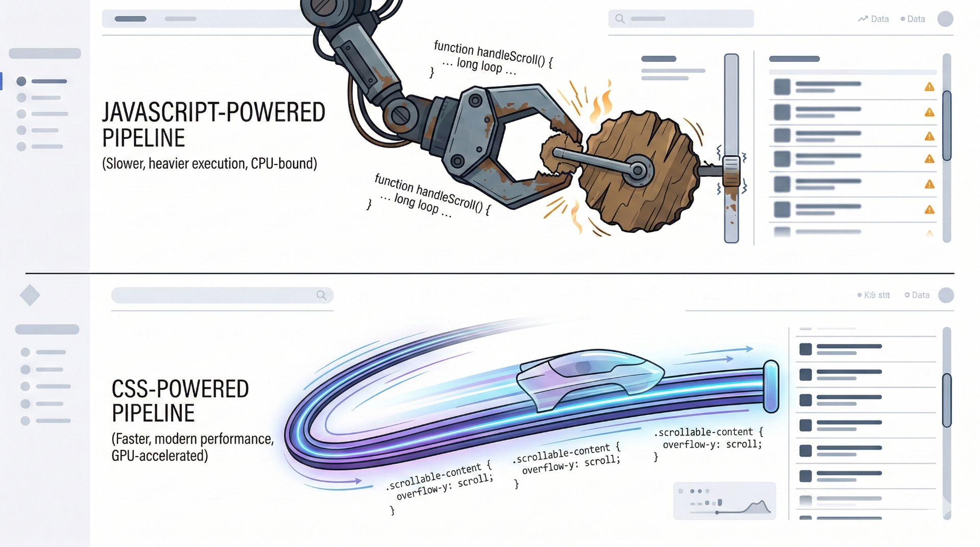 A dynamic, minimalist illustration comparing two different pipelines.