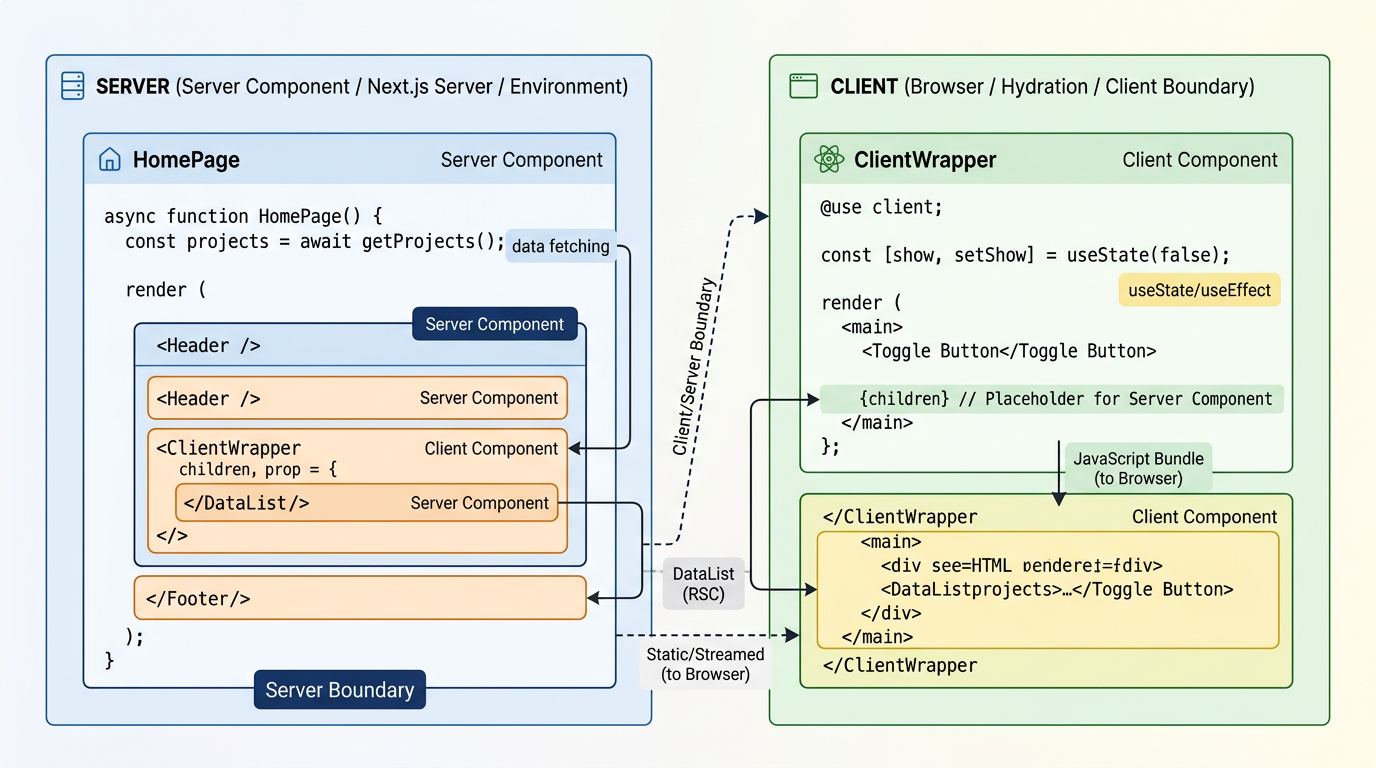 A detailed diagram showing the React Server Components composition pattern with a Client Component wrapping a Server Component via the children prop to maintain boundaries