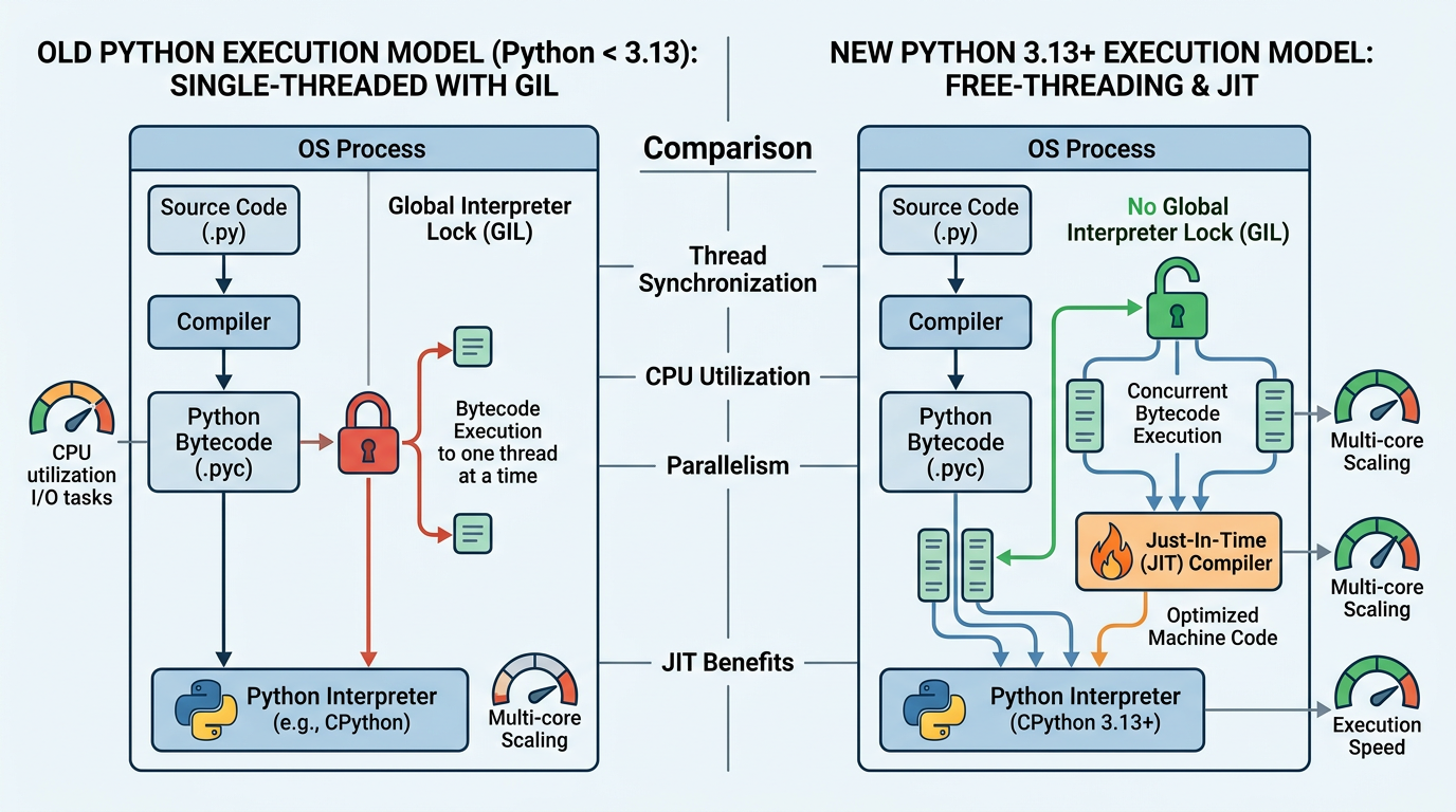A technical diagram comparing the old Python execution model (single-threaded with GIL) versus the new Python 3.13+ model with JIT and Free-threading.