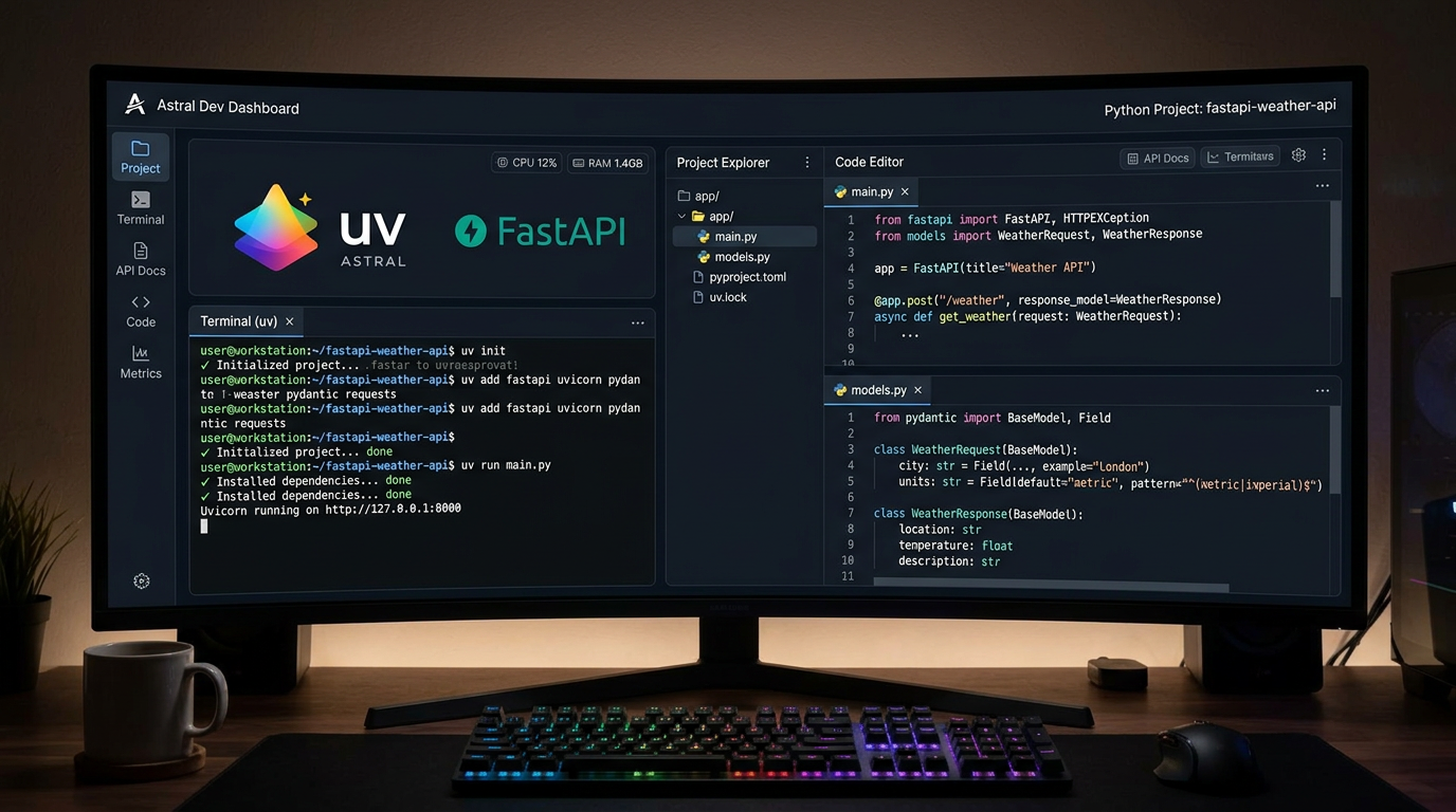 A modern developer dashboard showing 'uv' terminal commands, a FastAPI code snippet, and a Pydantic model definition.