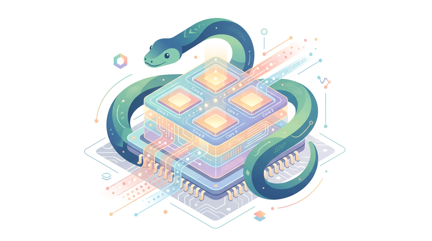 A clean, minimal infographic-style illustration on a white background. A stylized Python snake coiled around a glowing, multi-core processor chip with translucent layers showing data flowing in parallel. Soft pastel colors, geometric shapes, modern editorial style. No text.