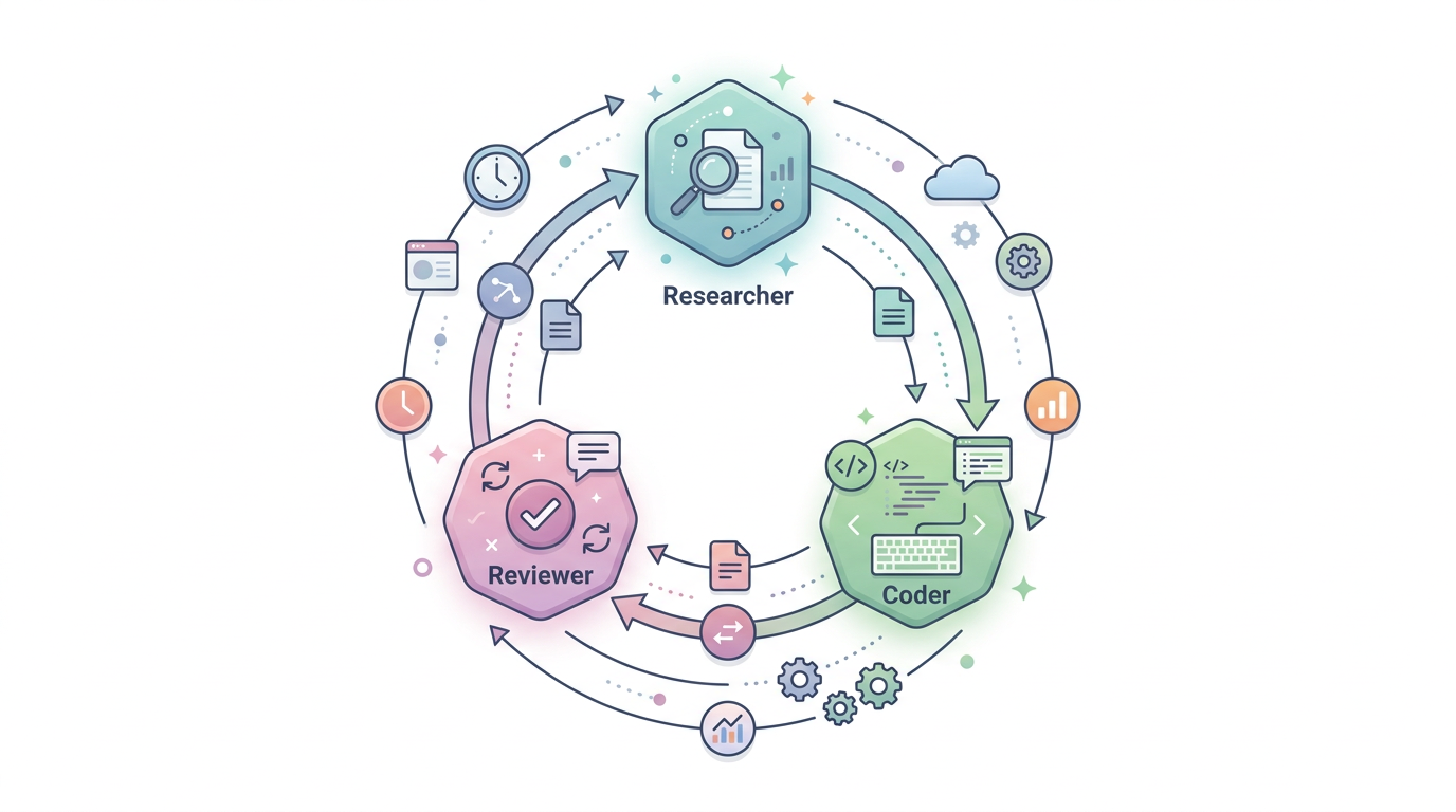 A clean, minimal infographic-style illustration on a white background. A series of interconnected nodes representing AI agents collaborating in a circular flow. One node is a 'researcher', one is a 'coder', and one is a 'reviewer'. Soft pastel colors, geometric shapes, modern editorial style. No text.