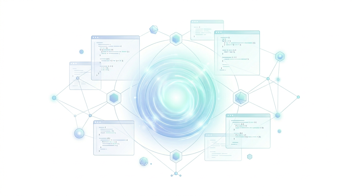 A clean, minimal infographic-style illustration on a white background. A central glowing orb representing "Intelligence" is surrounded by floating, semi-transparent code windows and geometric nodes connected by thin, elegant lines. Soft pastel blues and teals, modern editorial style. No text.