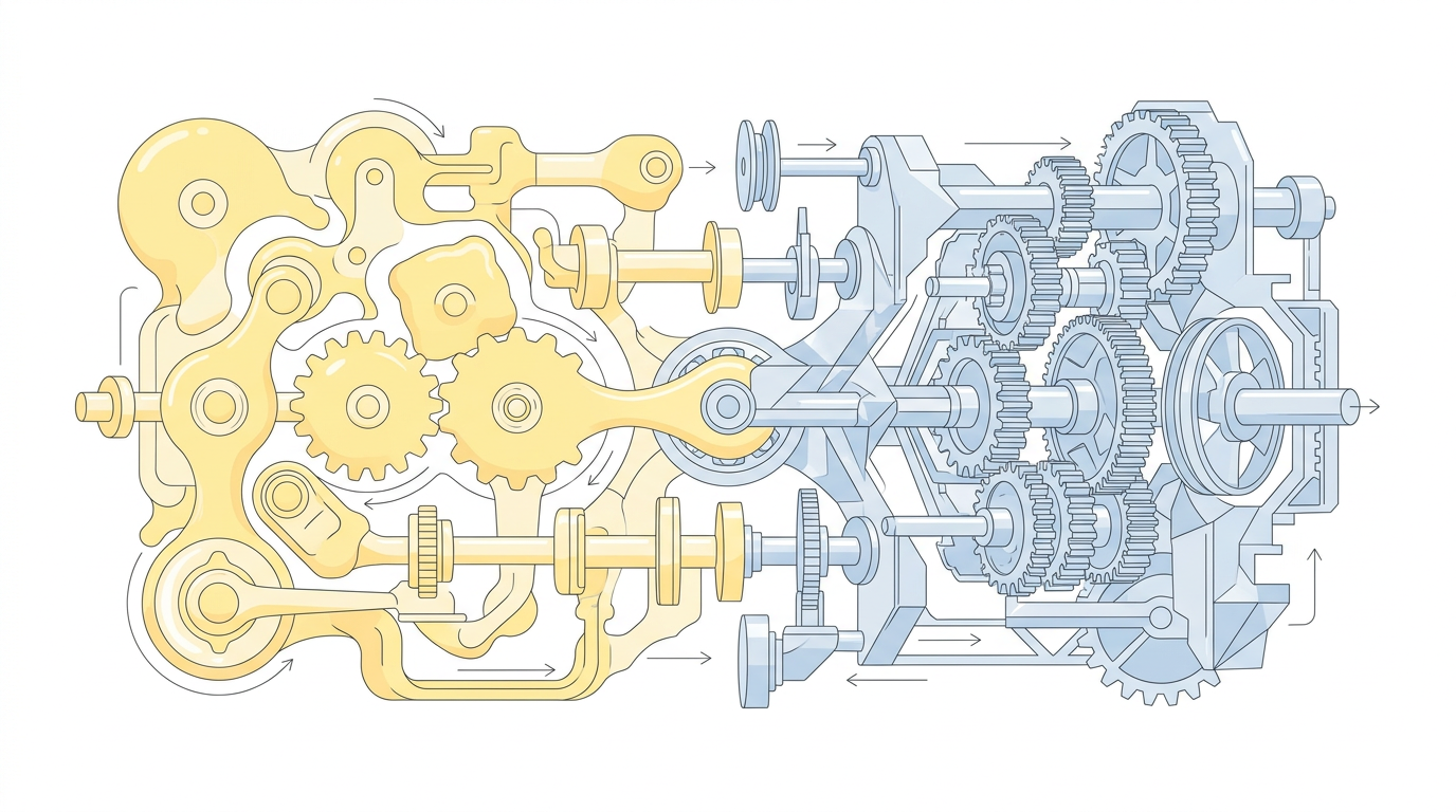 A clean, minimal infographic-style illustration on a white background. A blueprint of a complex machine part. On the left, the gears are made of soft, rounded yellow shapes (JavaScript). On the right, they transition into sharp, precise, silver-blue geometric patterns (Go). Soft pastel colors. No text.