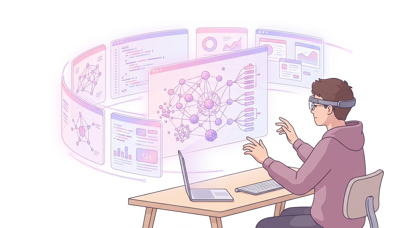 A clean, minimal infographic-style illustration on a white background. A stylized depiction of a developer wearing a sleek, thin headset. In front of them, multiple translucent windows float in a 3D arc. One window shows a complex 3D data structure. Soft pastel pinks and purples. No text.
