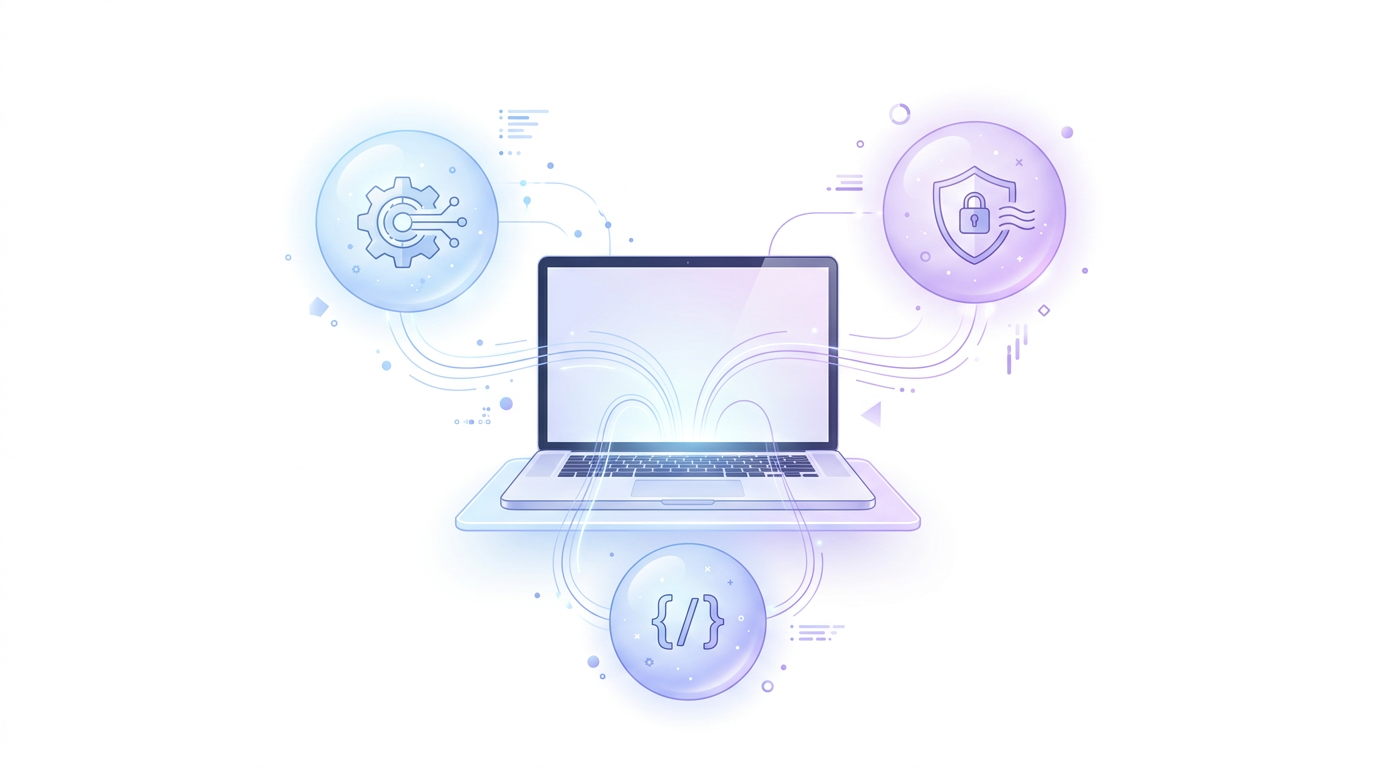 A clean, minimal infographic-style illustration on a white background. A central modern laptop is surrounded by translucent floating spheres, each representing a different category of development: a gear for runtimes, a shield for security, and a code bracket for IDEs. Thin, glowing lines connect the spheres to the laptop, suggesting a unified, automated ecosystem. Soft pastel blues and purples, modern editorial style. No text.